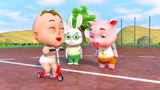 The Funny Boy Drives Skateboard & Play At The Outdoor Playground Entertaining Cartoon For Kids